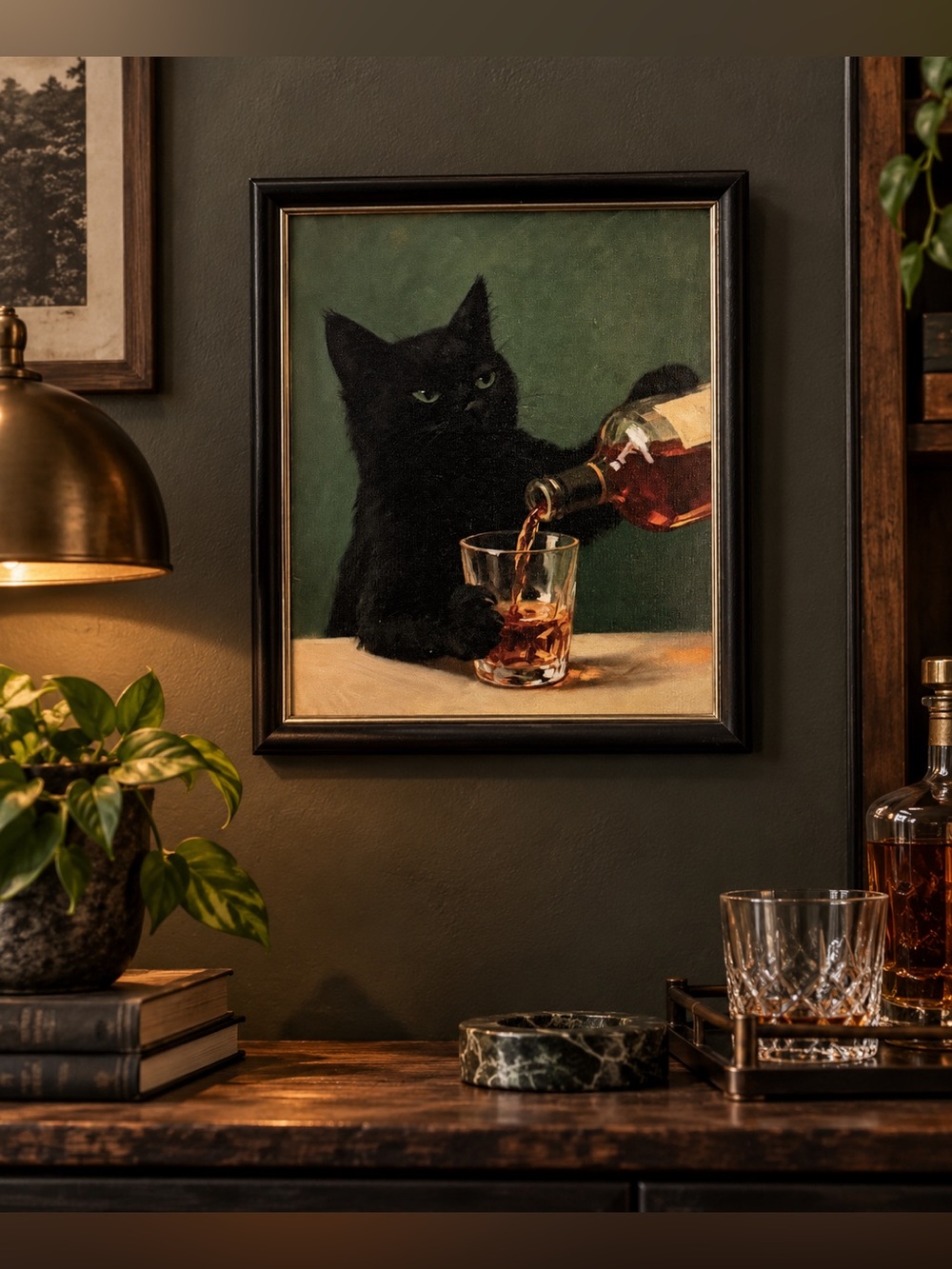 Vintage Style Black Cat Drinking Whiskey Bar Art Framed Moody Decor Quirky Art